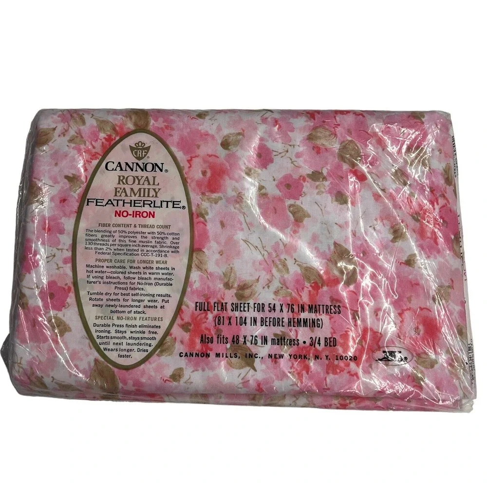 Vintage‎ Cannon Royal Family Full Flat Sheet Pink Floral Featherlite 54 x 76